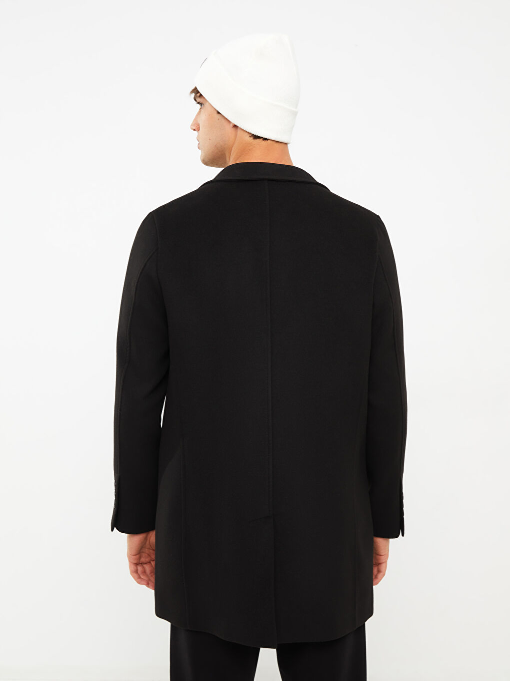 Siyah Standart Kalıp Dik Yaka Erkek Kaşe Kaban-4