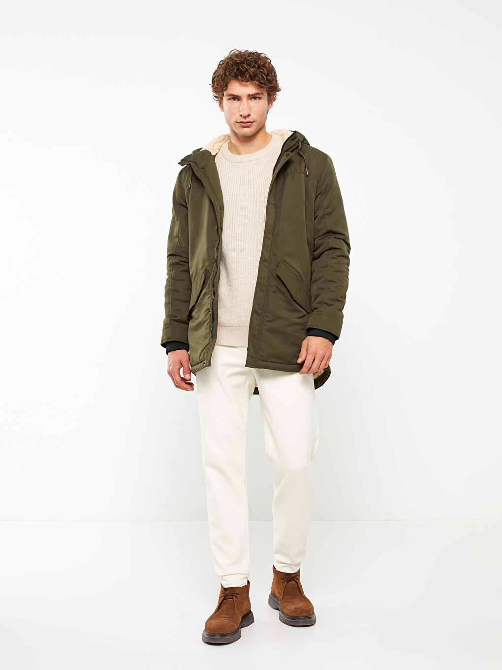 Haki Standart Kalıp Kapüşonlu Erkek Parka-1