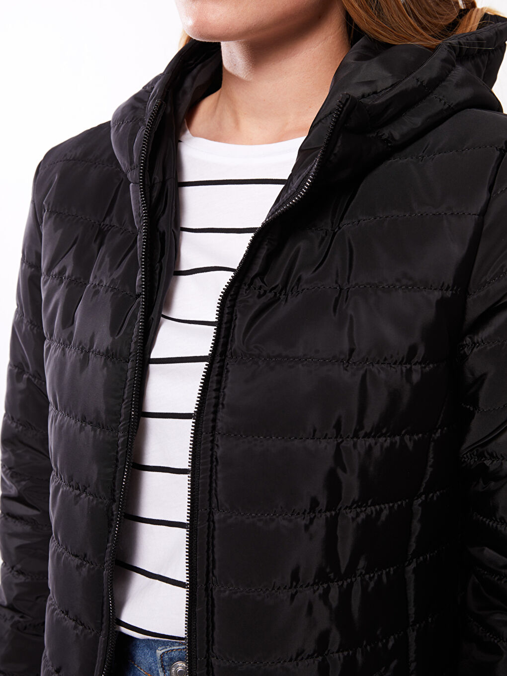 Siyah Kadın Kapüşonlu Düz Mont-2