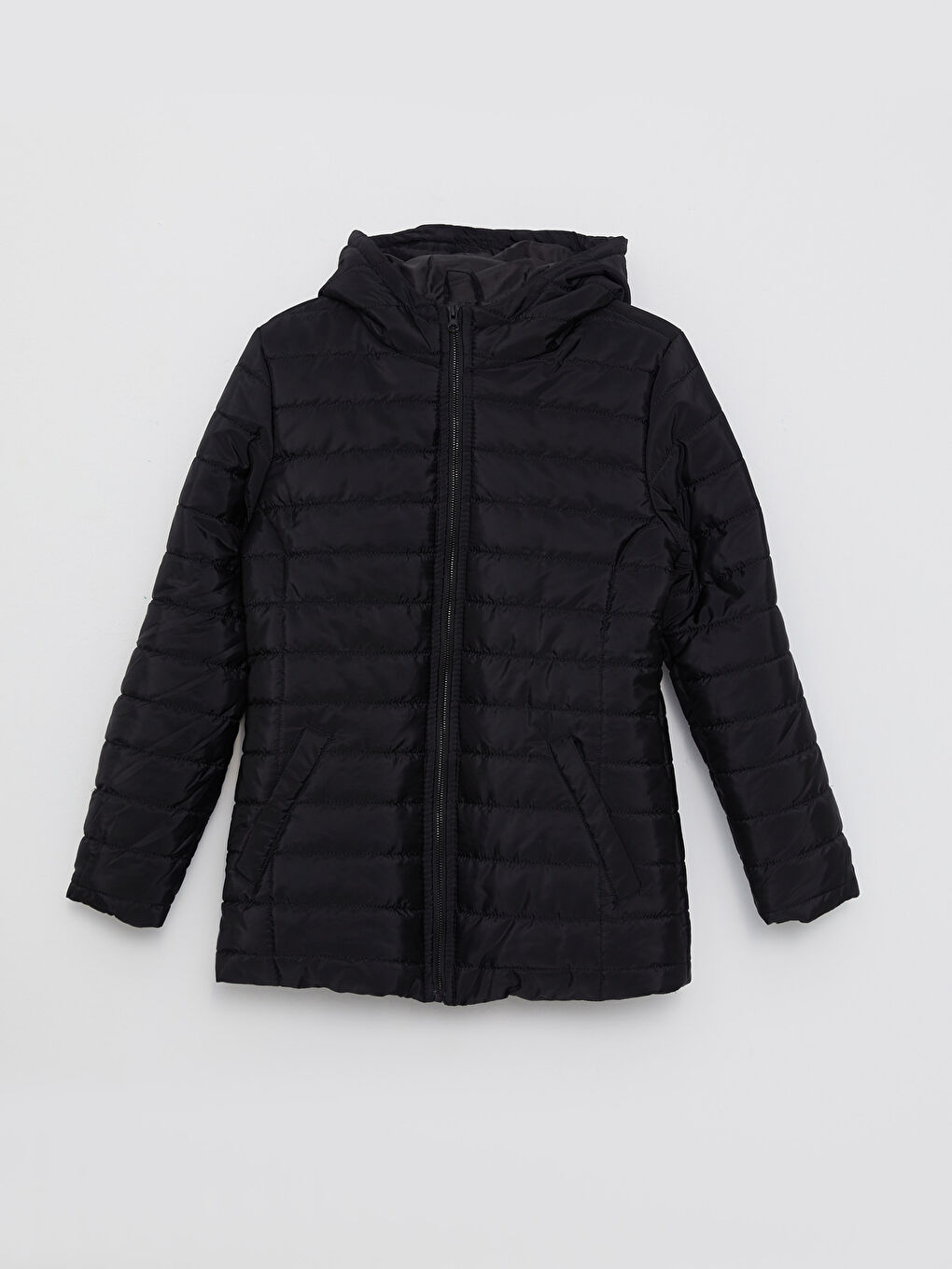 Siyah Kadın Kapüşonlu Düz Mont-6