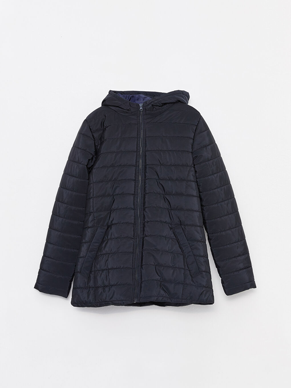 Lacivert Kadın Kapüşonlu Düz Mont-6