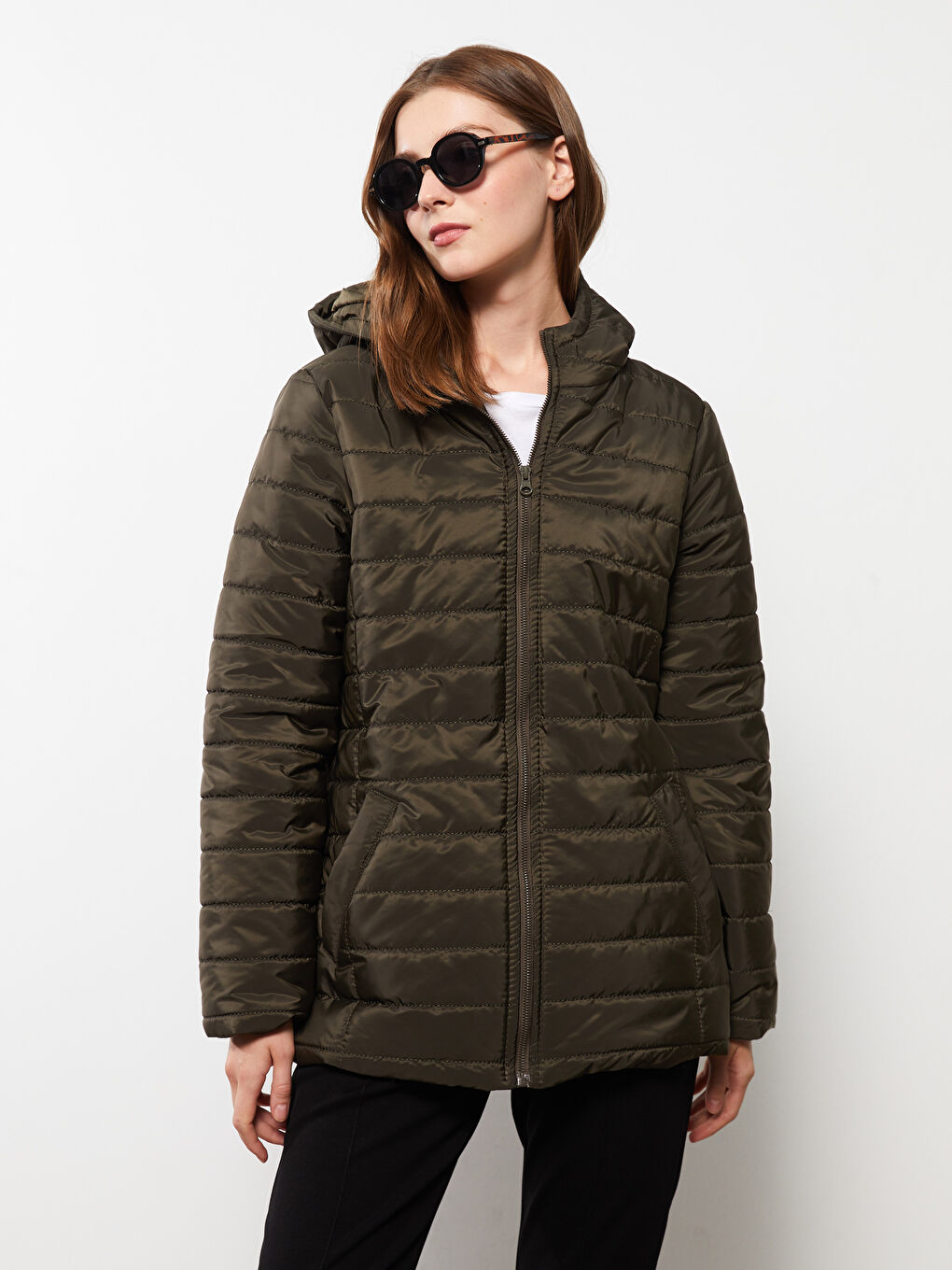 Haki Kadın Kapüşonlu Düz Mont-1