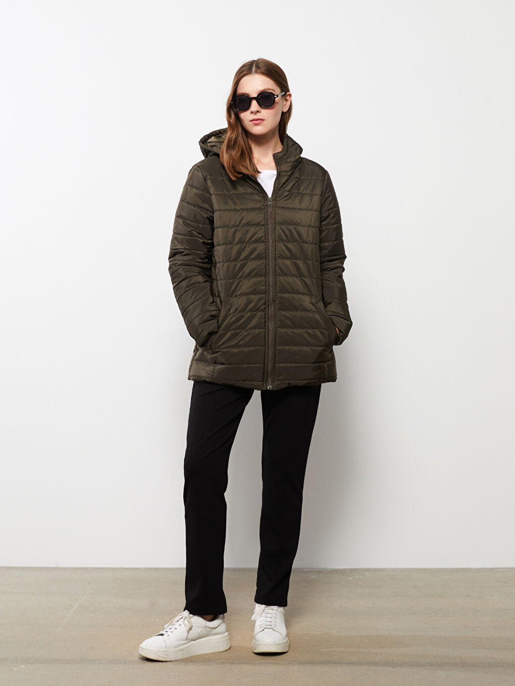 Haki Kadın Kapüşonlu Düz Mont-2