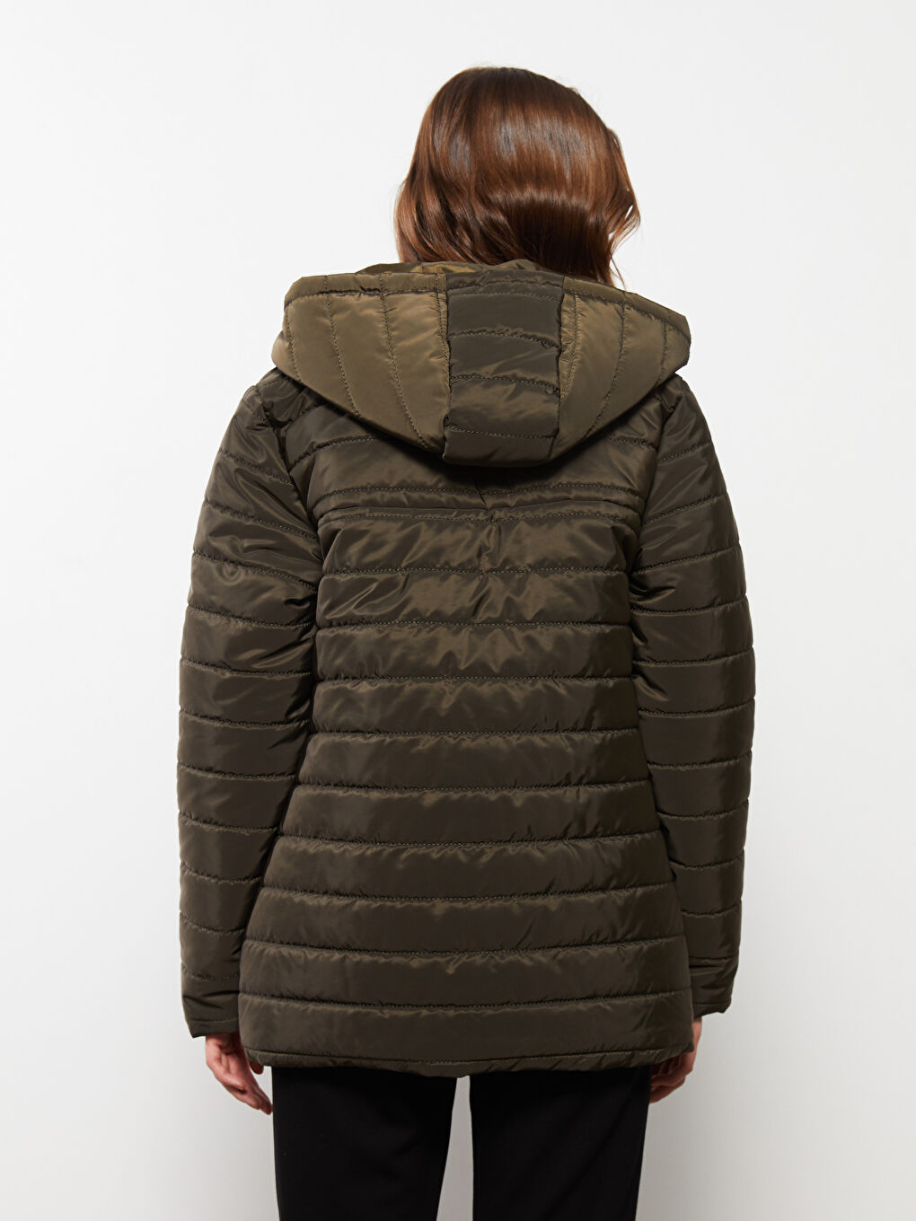 Haki Kadın Kapüşonlu Düz Mont-5