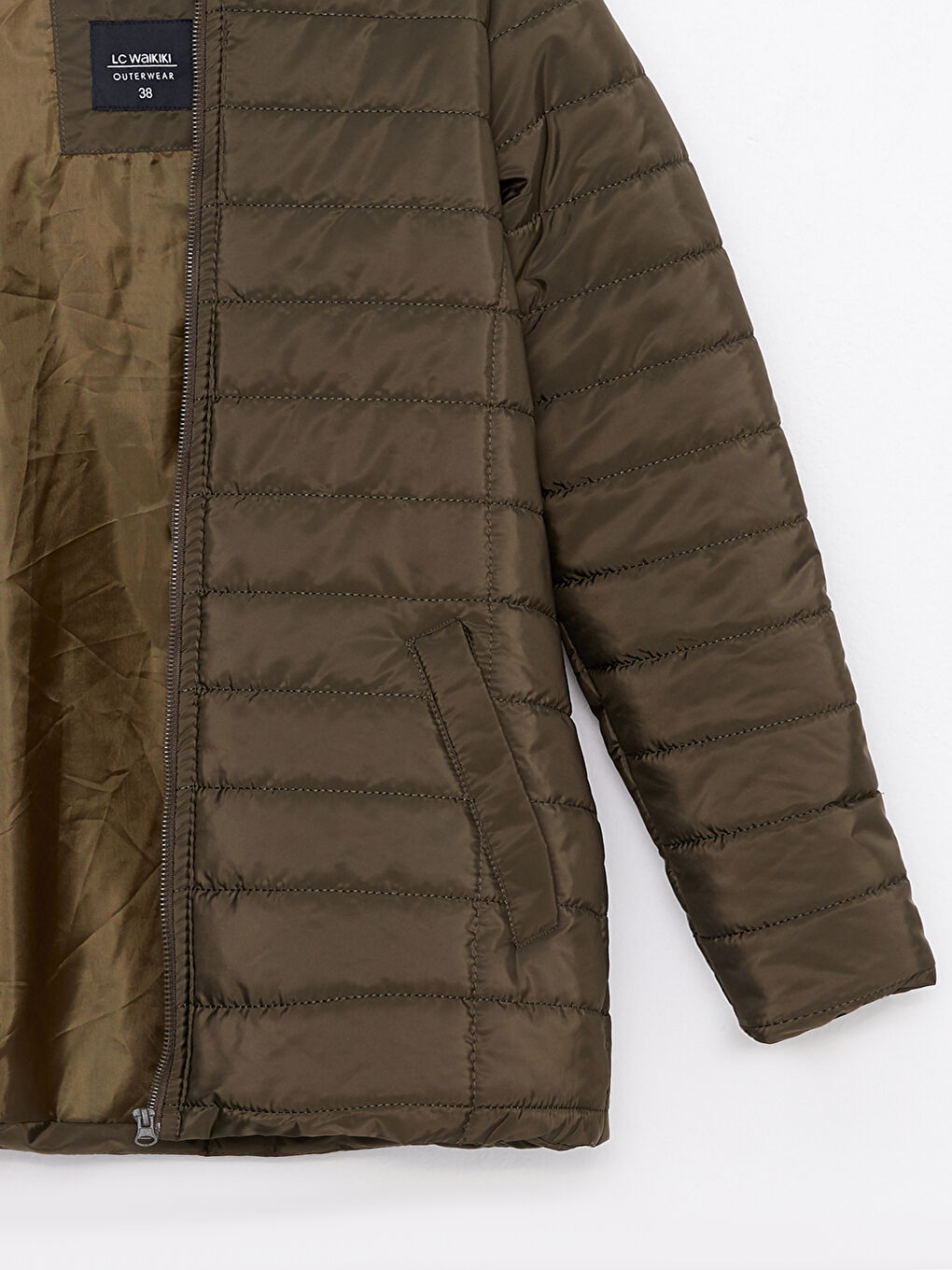 Haki Kadın Kapüşonlu Düz Mont-8