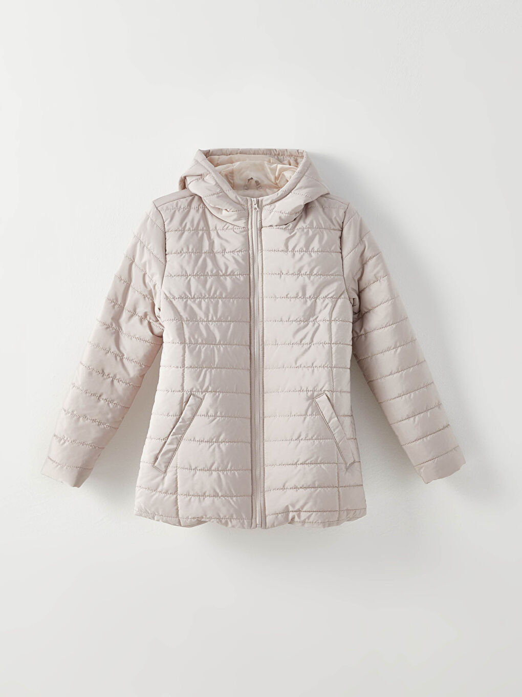 Bej Kadın Kapüşonlu Düz Mont-6