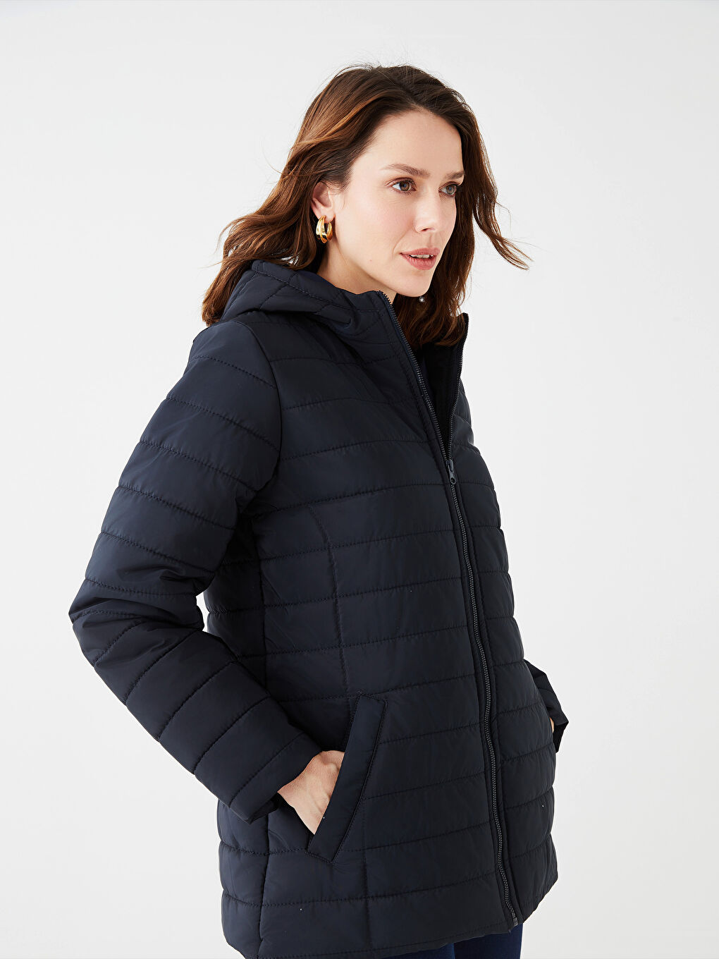 Lacivert Kadın Kapüşonlu Düz Mont