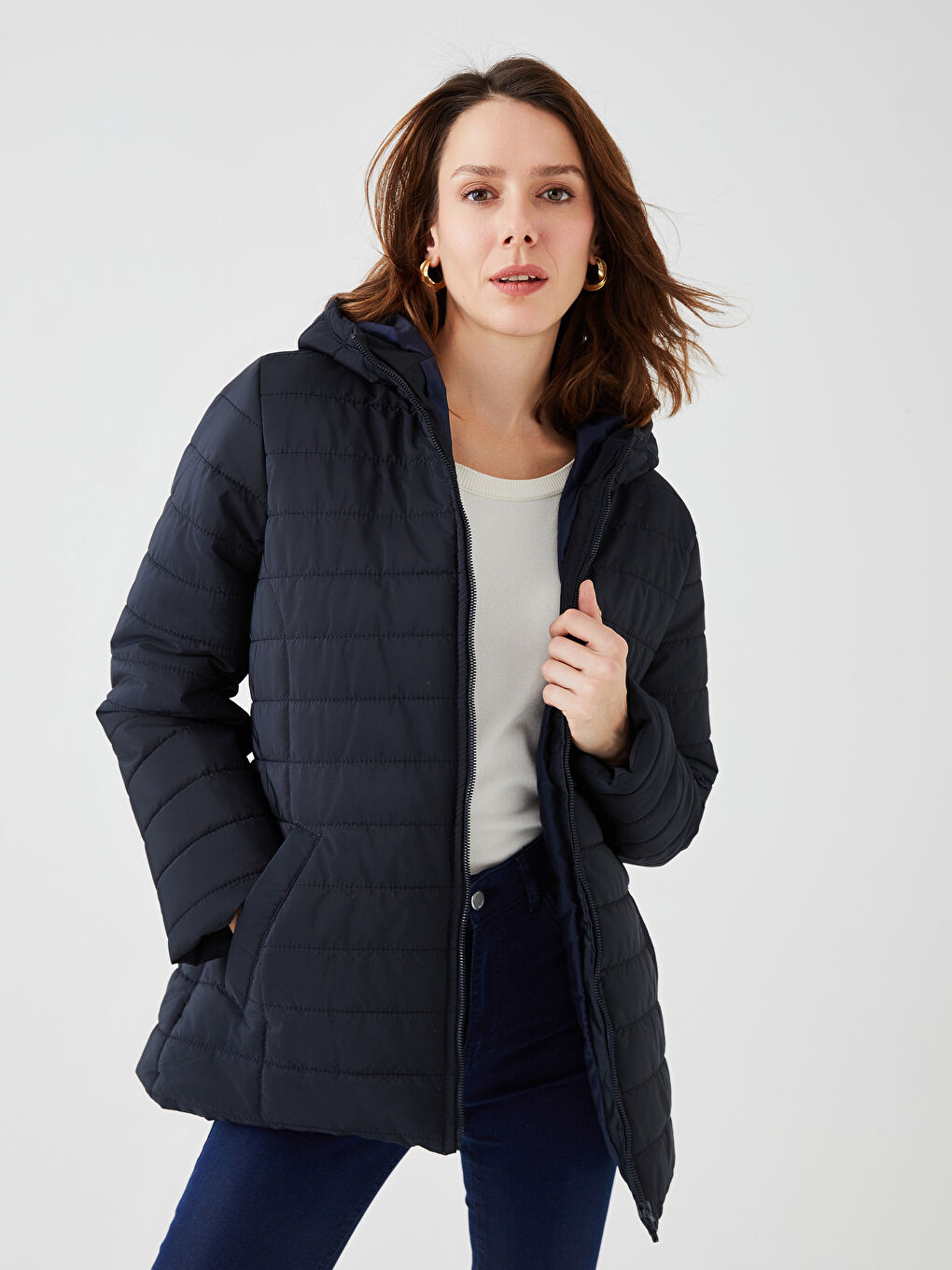 Lacivert Kadın Kapüşonlu Düz Mont-1