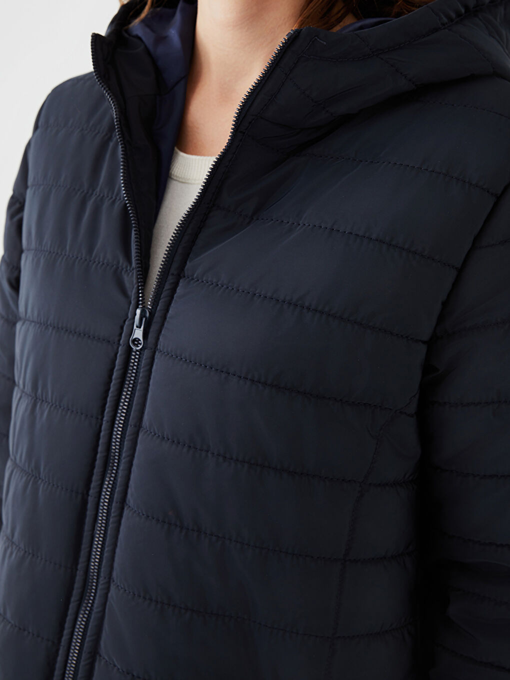 Lacivert Kadın Kapüşonlu Düz Mont-3