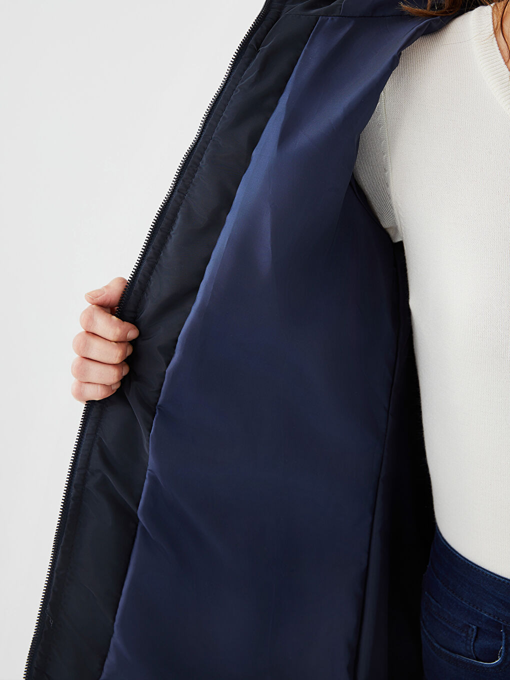 Lacivert Kadın Kapüşonlu Düz Mont-4