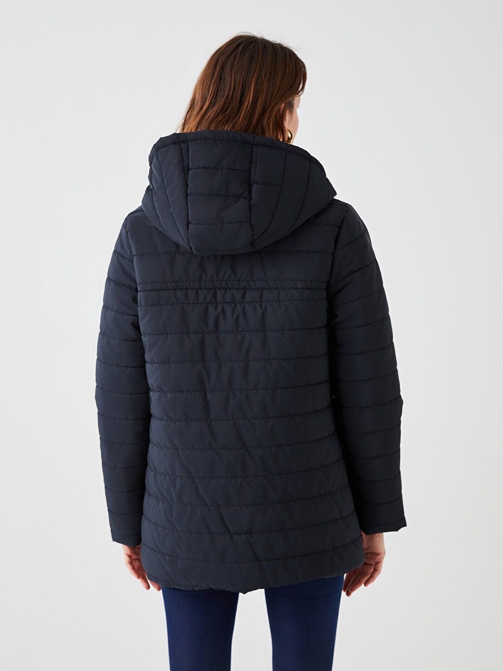 Lacivert Kadın Kapüşonlu Düz Mont-5