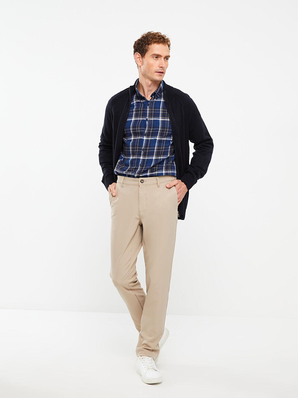 Bej Dar Kalıp Gabardin Erkek Chino Pantolon-1