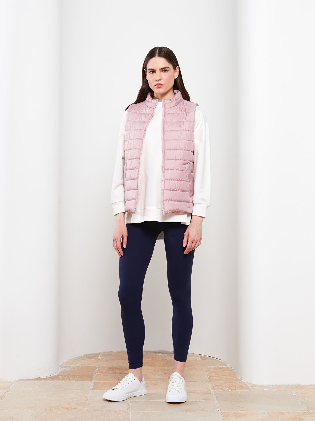 Pembe Kadın Dik Yaka Düz Yelek-1