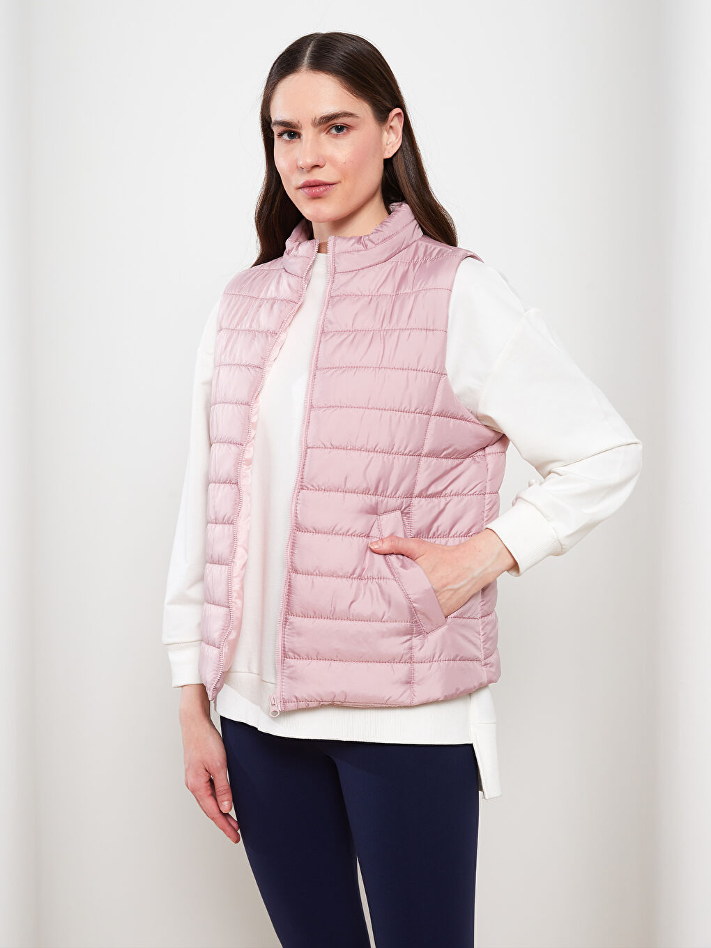 Pembe Kadın Dik Yaka Düz Yelek-2