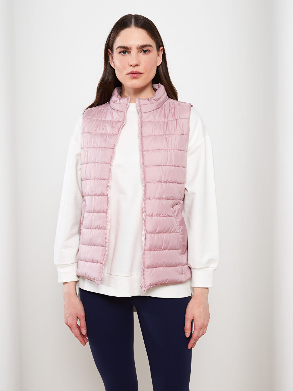 Pembe Kadın Dik Yaka Düz Yelek-3