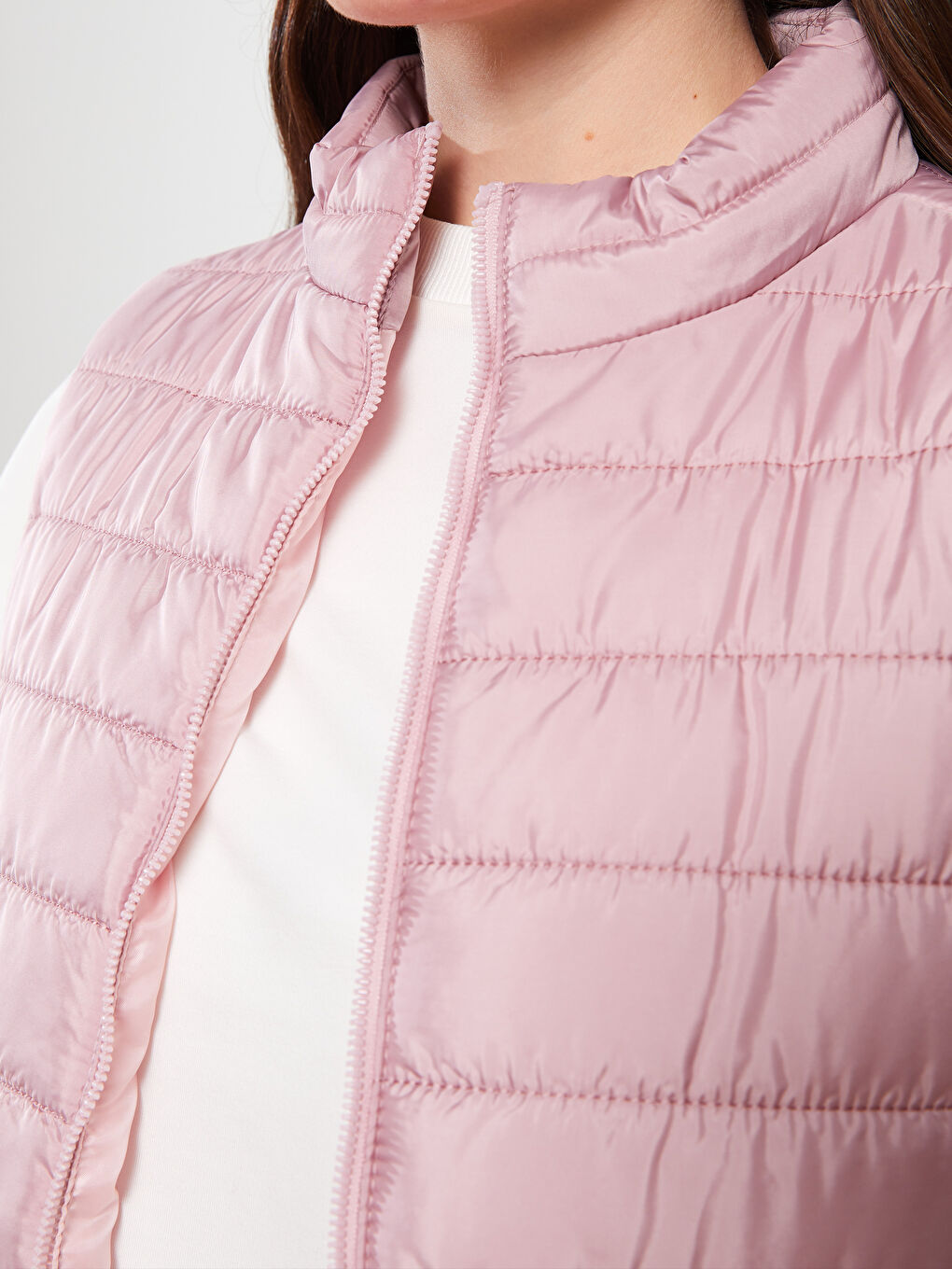 Pembe Kadın Dik Yaka Düz Yelek-4