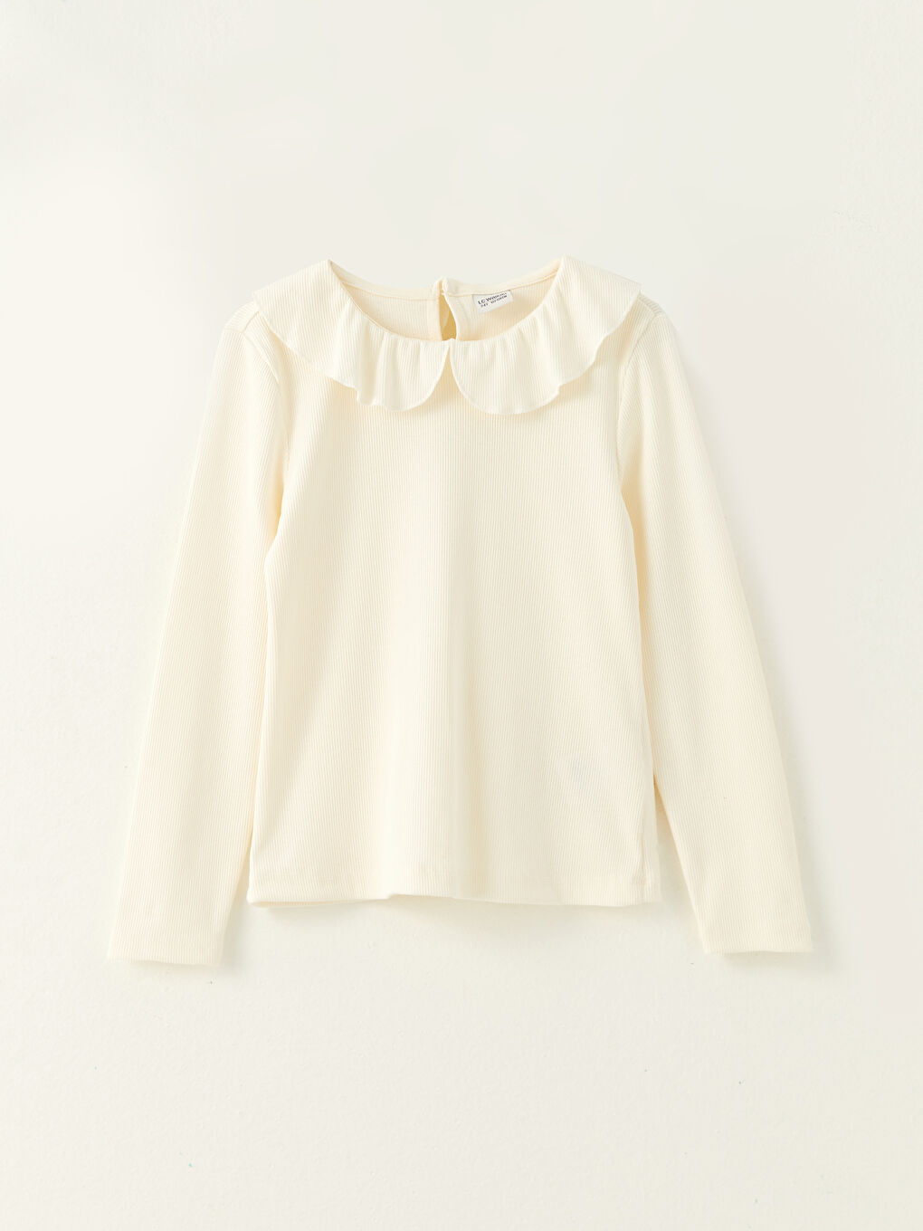 Ekru Bebe Yaka Basic Uzun Kollu Kız Çocuk Tişört