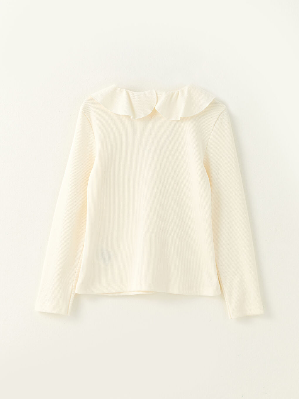 Ekru Bebe Yaka Basic Uzun Kollu Kız Çocuk Tişört-1