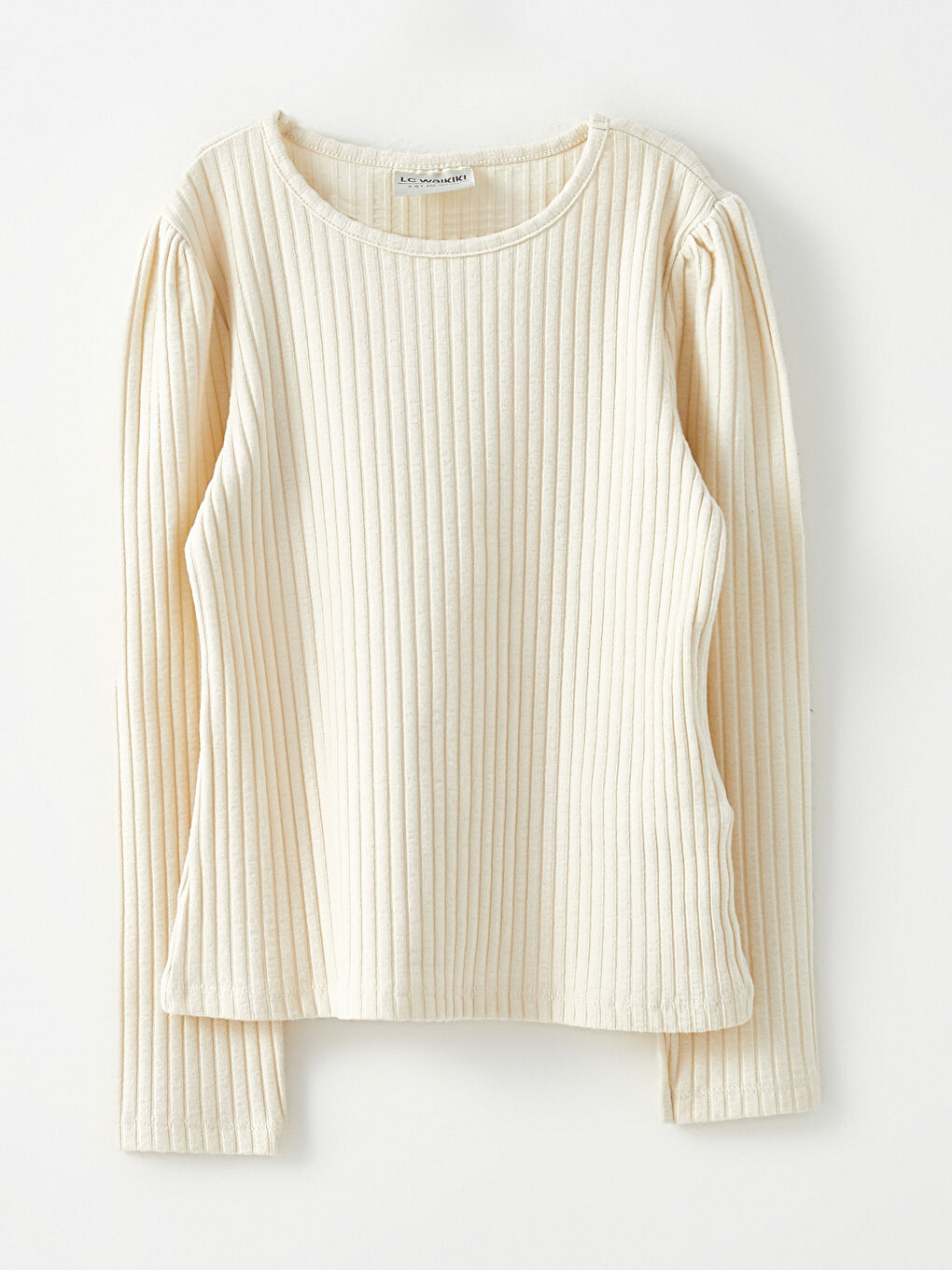 Ekru Bisiklet Yaka Basic Uzun Kollu Kız Çocuk Tişört