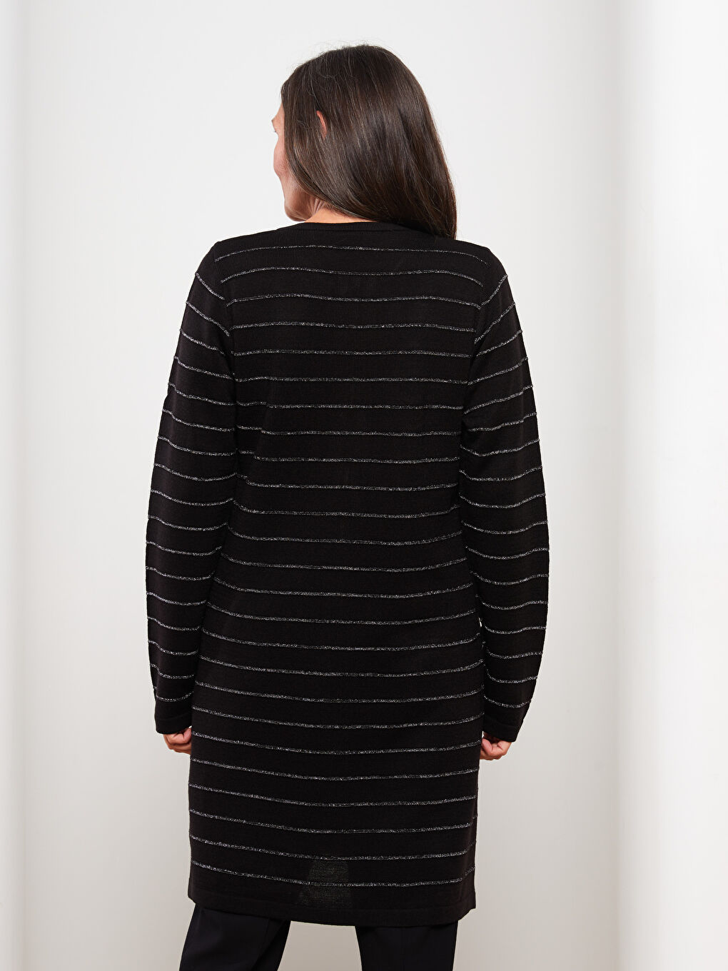 Siyah Bisiklet Yaka Çizgili Kadın Triko Hırka-4