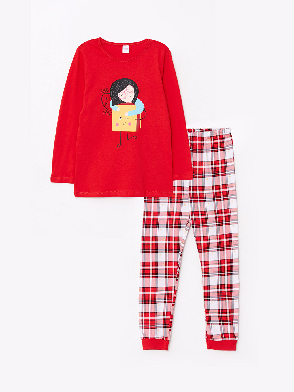 طقم بيجامة للبنات ياقة دائرية كم طويل مطبوع