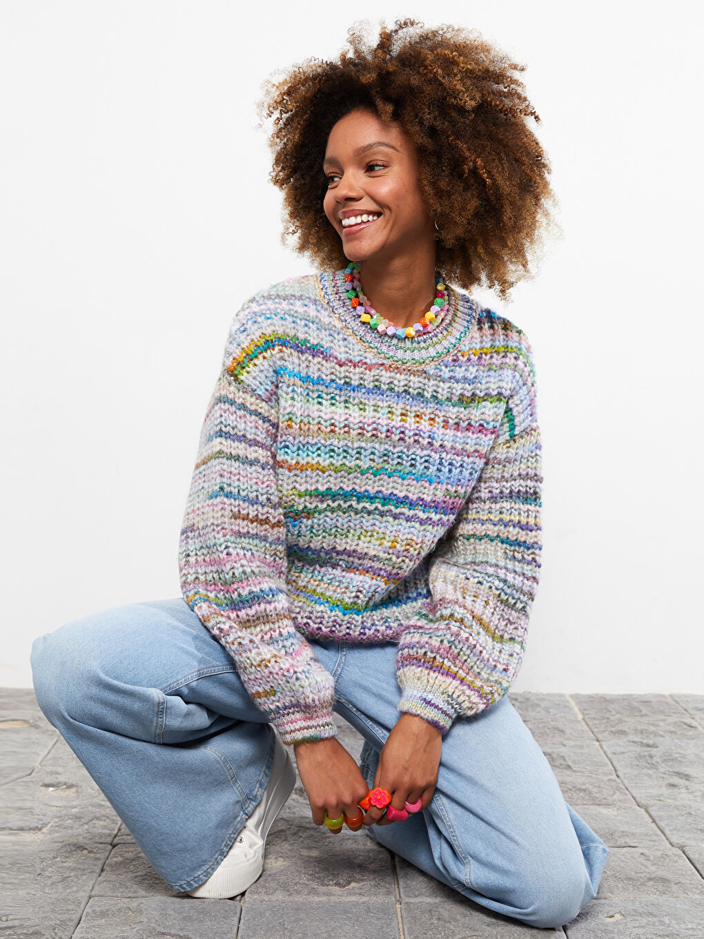 Pembe Bisiklet Yaka Kendinden Desenli Uzun Kollu Oversize Kadın Triko Kazak