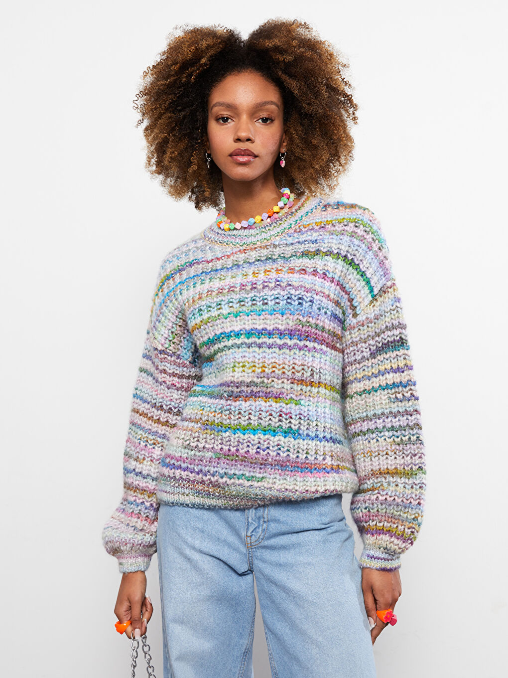 Pembe Bisiklet Yaka Kendinden Desenli Uzun Kollu Oversize Kadın Triko Kazak-1