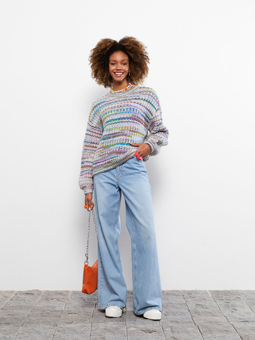 Pembe Bisiklet Yaka Kendinden Desenli Uzun Kollu Oversize Kadın Triko Kazak-2