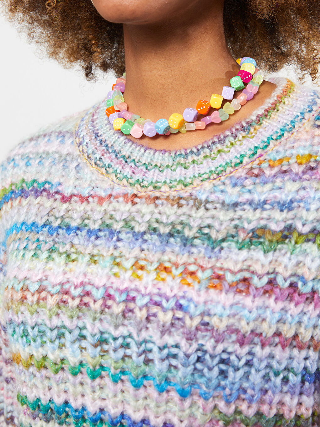 Pembe Bisiklet Yaka Kendinden Desenli Uzun Kollu Oversize Kadın Triko Kazak-3