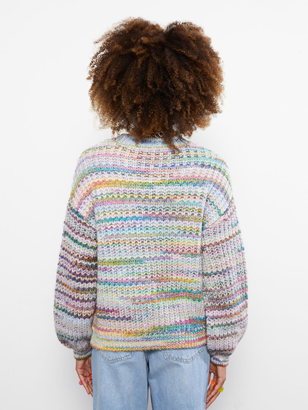 Pembe Bisiklet Yaka Kendinden Desenli Uzun Kollu Oversize Kadın Triko Kazak-4