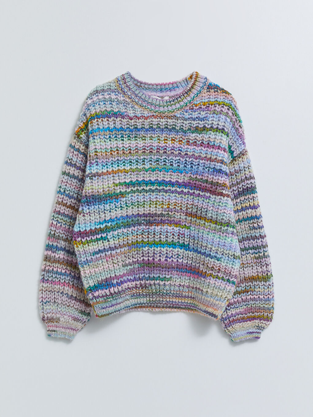 Pembe Bisiklet Yaka Kendinden Desenli Uzun Kollu Oversize Kadın Triko Kazak-5