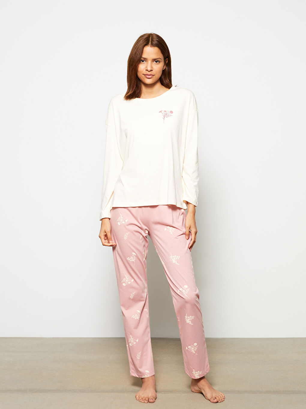 Pembe Bisiklet Yaka Baskılı Uzun Kollu Pamuklu Kadın Pijama Takımı-2
