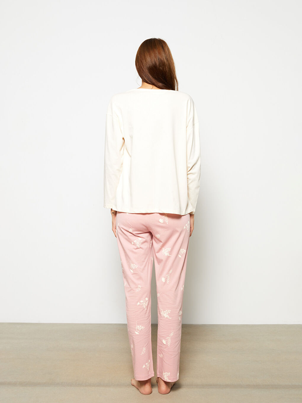 Pembe Bisiklet Yaka Baskılı Uzun Kollu Pamuklu Kadın Pijama Takımı-4