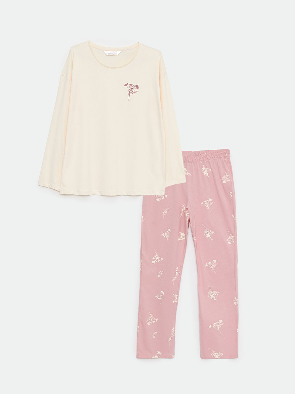 Pembe Bisiklet Yaka Baskılı Uzun Kollu Pamuklu Kadın Pijama Takımı-5