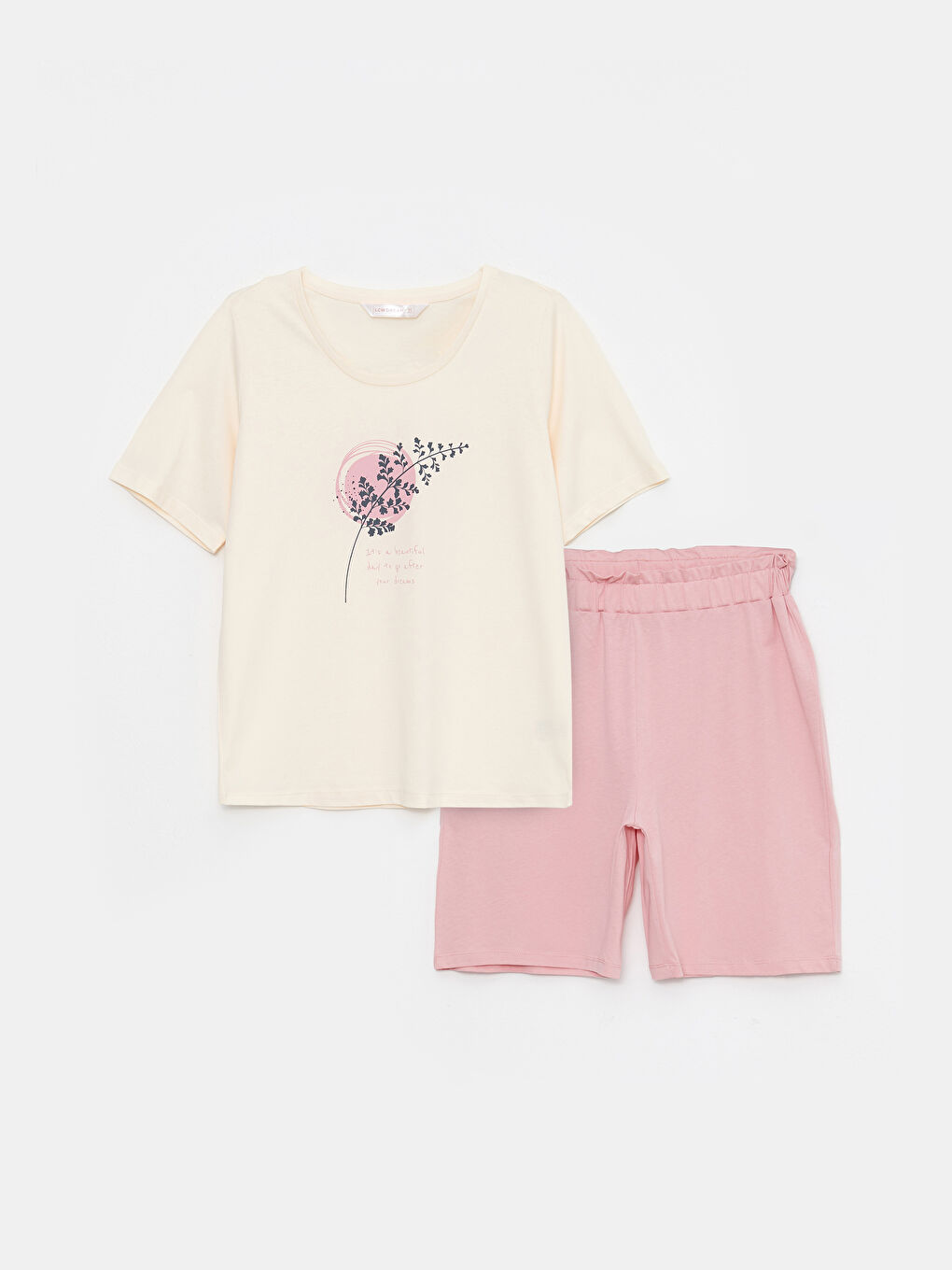 Pembe Bisiklet Yaka Baskılı Kısa Kollu Pamuklu Kadın Pijama Takımı-5