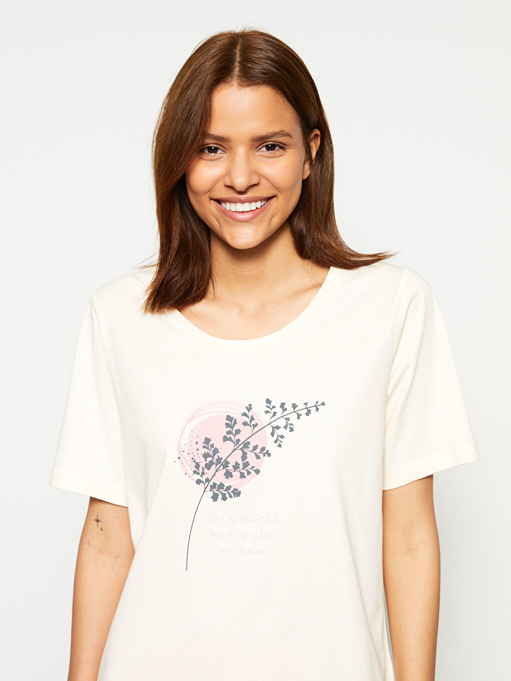 Pembe Bisiklet Yaka Baskılı Kısa Kollu Pamuklu Kadın Pijama Takımı-2