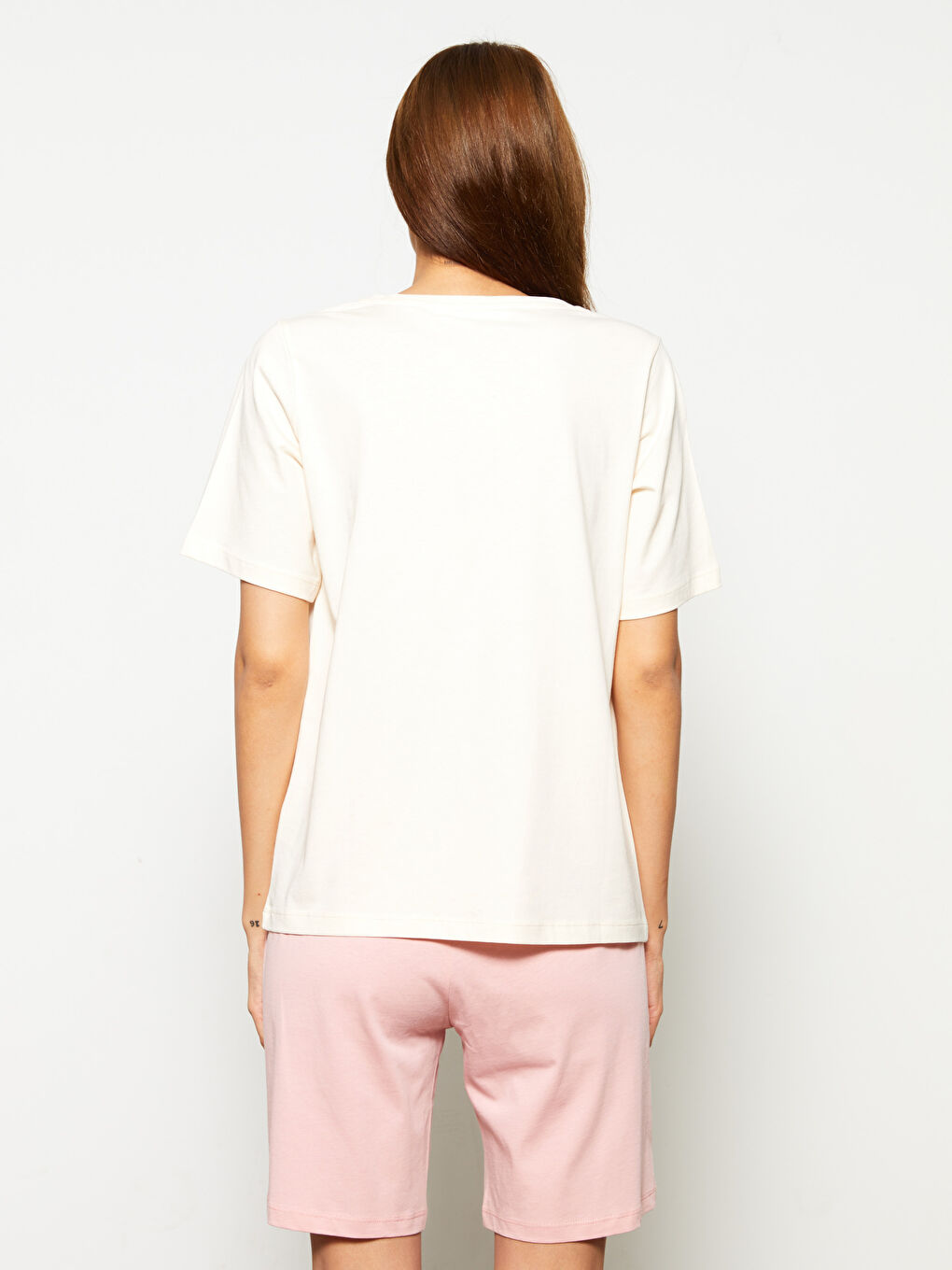 Pembe Bisiklet Yaka Baskılı Kısa Kollu Pamuklu Kadın Pijama Takımı-4