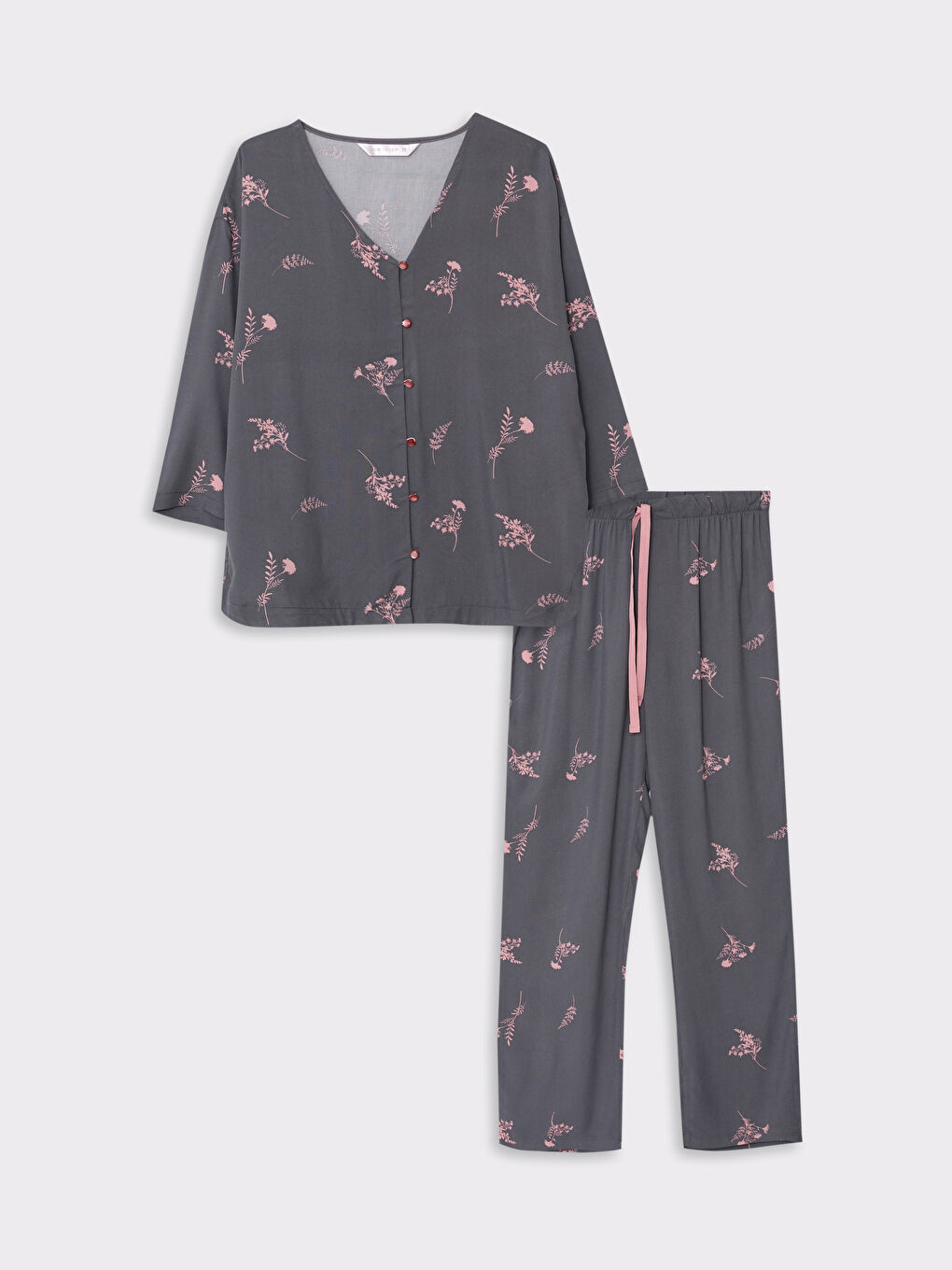 Antrasit V Yaka Çiçekli Viskon Kadın Pijama Takımı-5