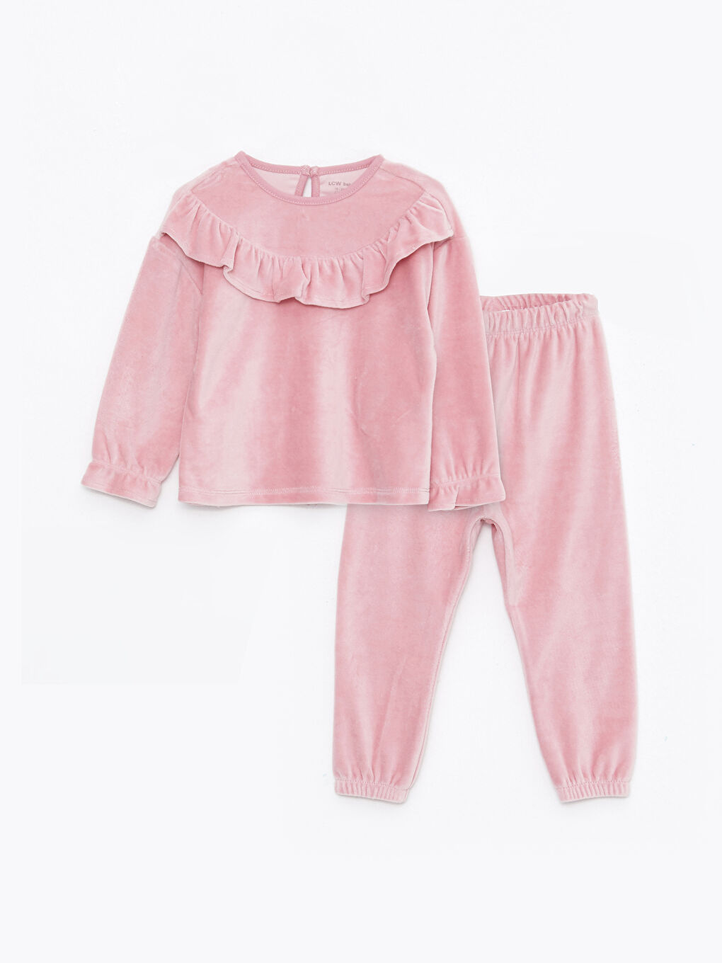Pembe Bisiklet Yaka Uzun Kollu Basic Kız Bebek Kadife Pijama Takımı