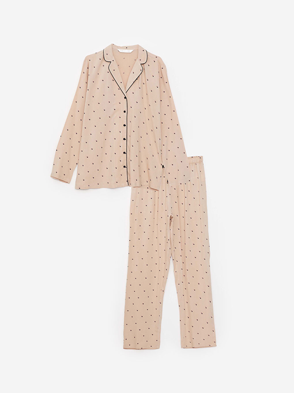Bej Gömlek Yaka Desenli Uzun Kollu Viskon Kadın Pijama Takımı-5
