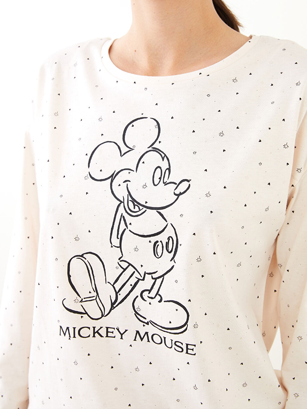 Bej Bisiklet Yaka Mickey Mouse Baskılı Uzun Kollu Pamuklu Kadın Pijama Takımı-3
