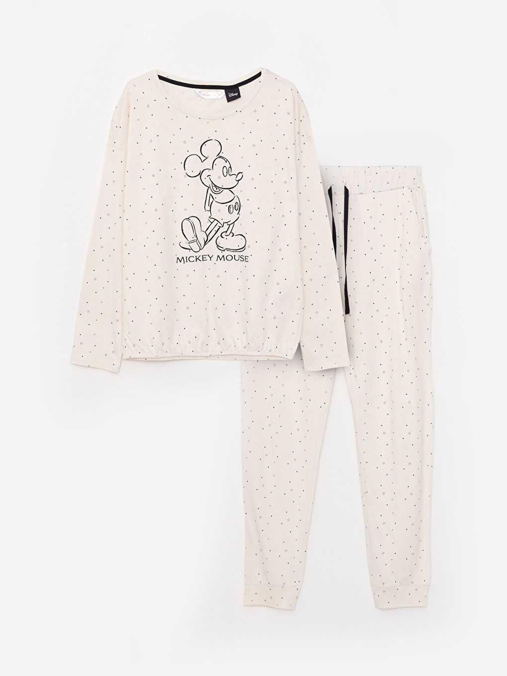 Bej Bisiklet Yaka Mickey Mouse Baskılı Uzun Kollu Pamuklu Kadın Pijama Takımı-5