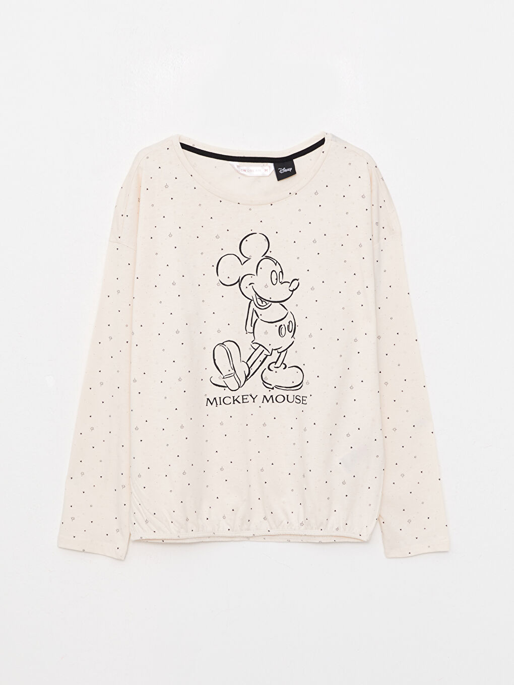 Bej Bisiklet Yaka Mickey Mouse Baskılı Uzun Kollu Pamuklu Kadın Pijama Takımı-6