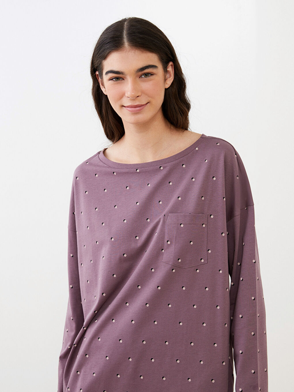 طقم بيجامة قطن كم طويل منقوش بياقة دائرية للسيدات-2