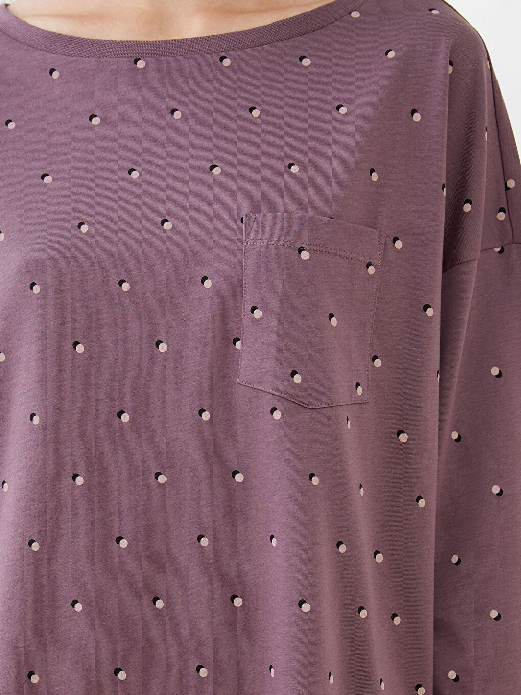 طقم بيجامة قطن كم طويل منقوش بياقة دائرية للسيدات-3