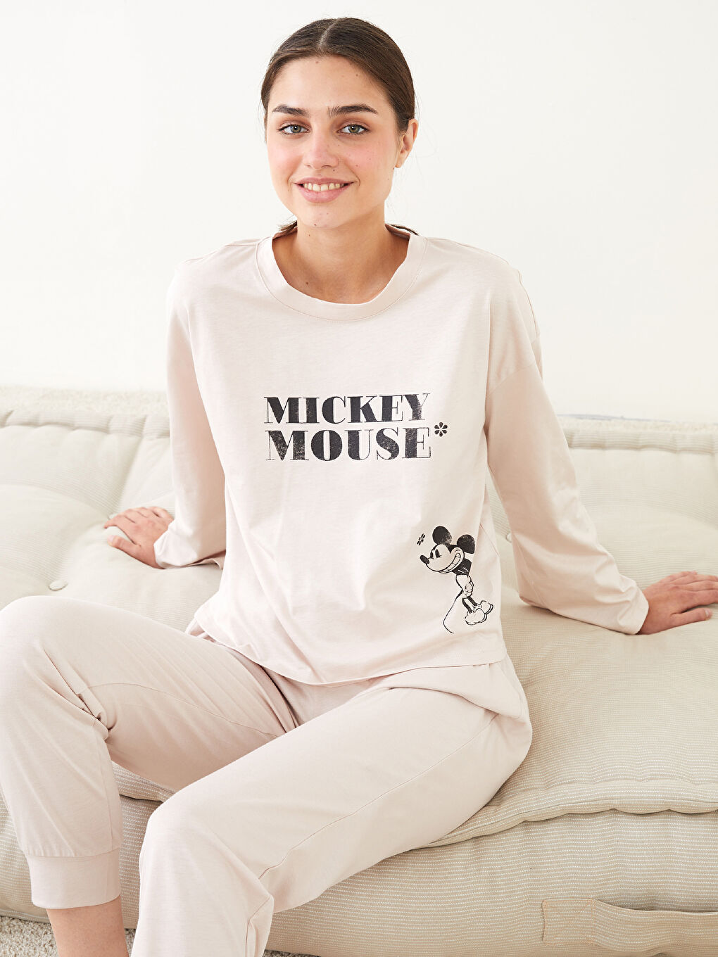 Crew Neck Mickey Mouse Printed Long Sleeve Cotton Women's Pajama Set