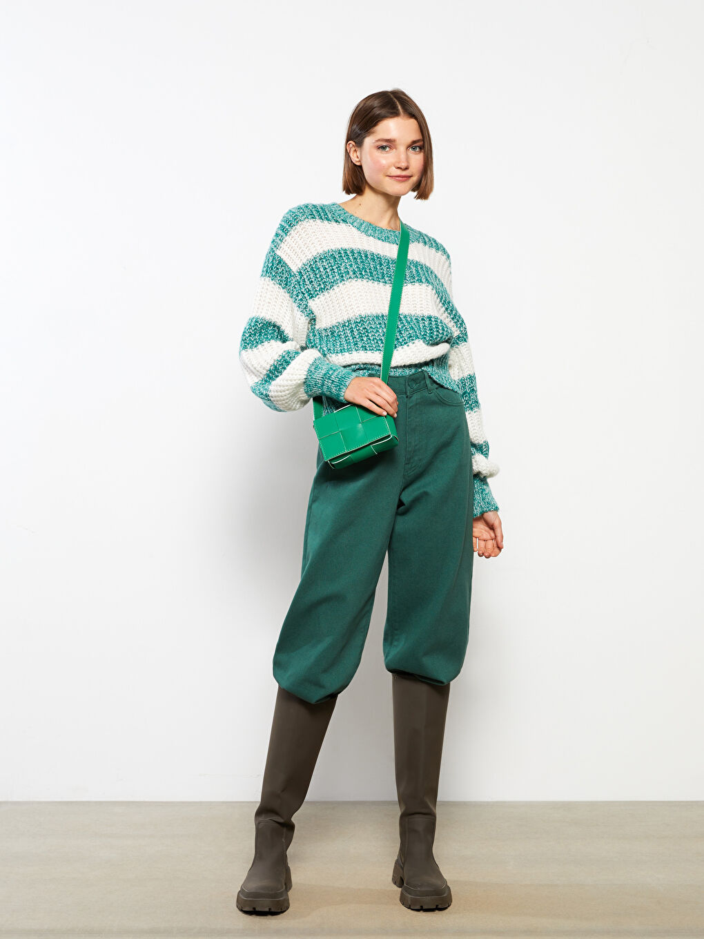 Yeşil Bisiklet Yaka Renk Bloklu Uzun Kollu Kadın Triko Kazak-2