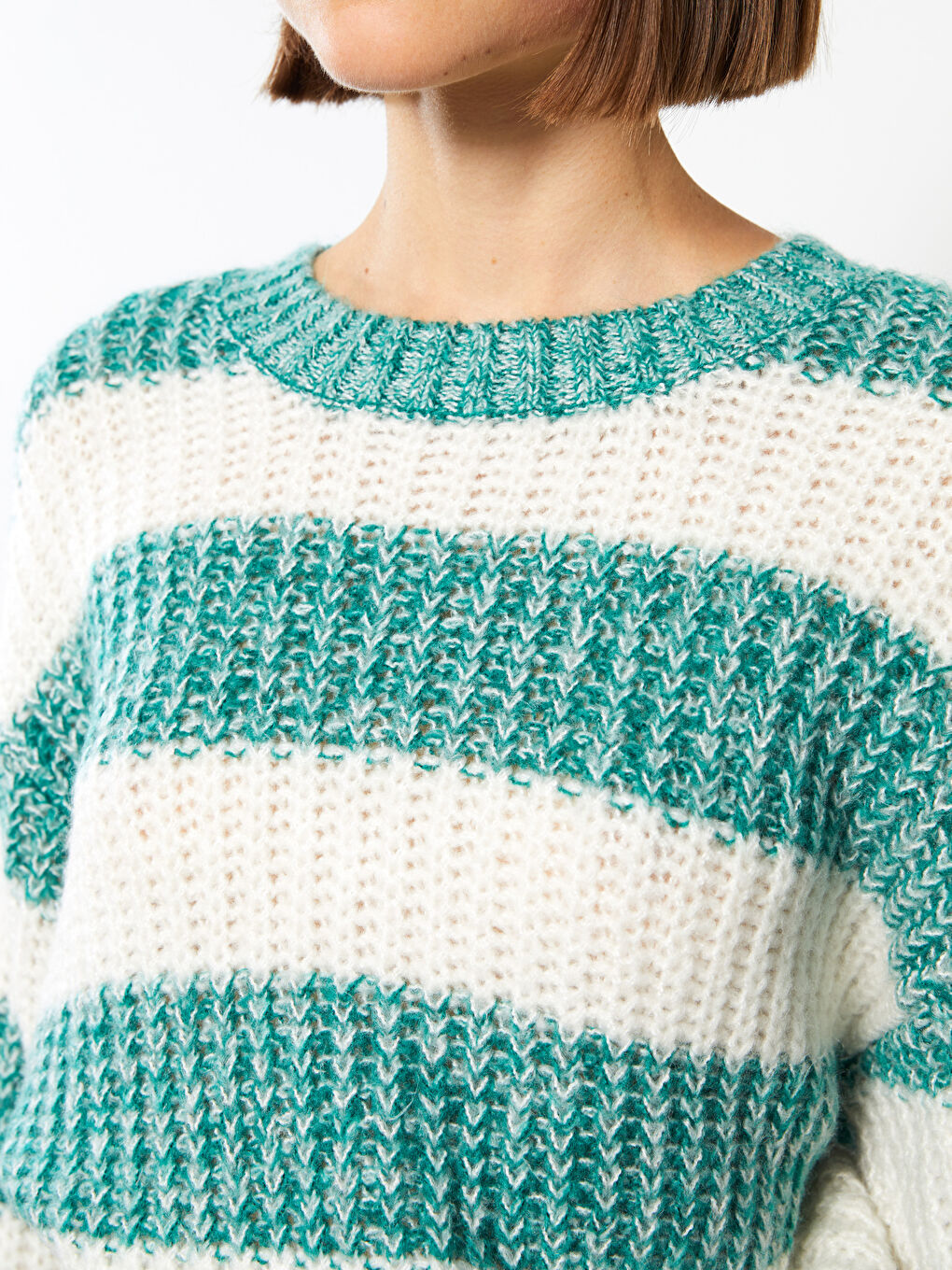 Yeşil Bisiklet Yaka Renk Bloklu Uzun Kollu Kadın Triko Kazak-3