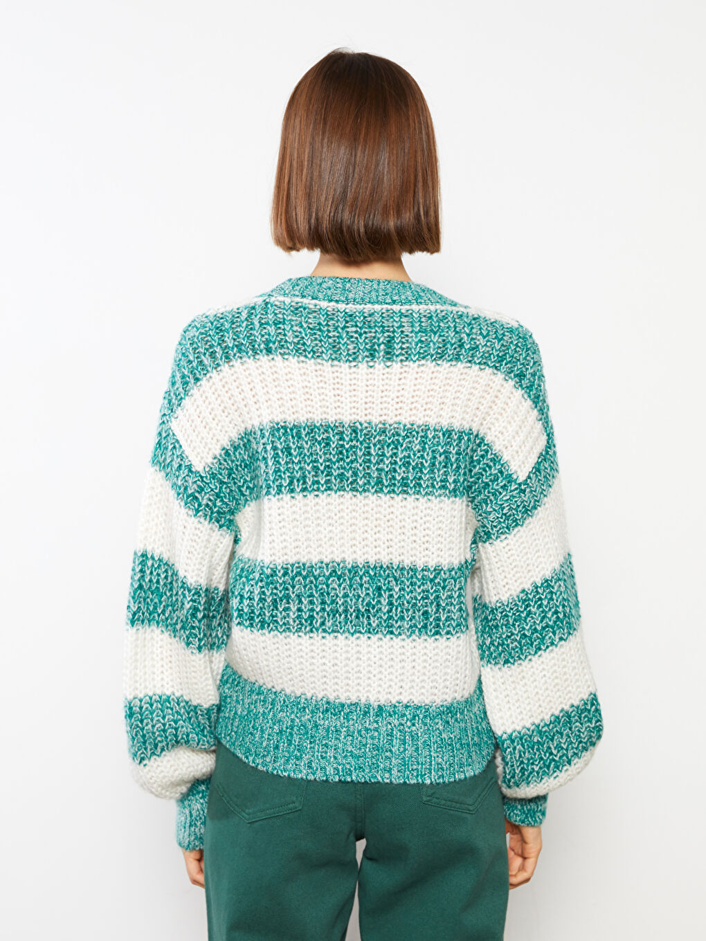 Yeşil Bisiklet Yaka Renk Bloklu Uzun Kollu Kadın Triko Kazak-4