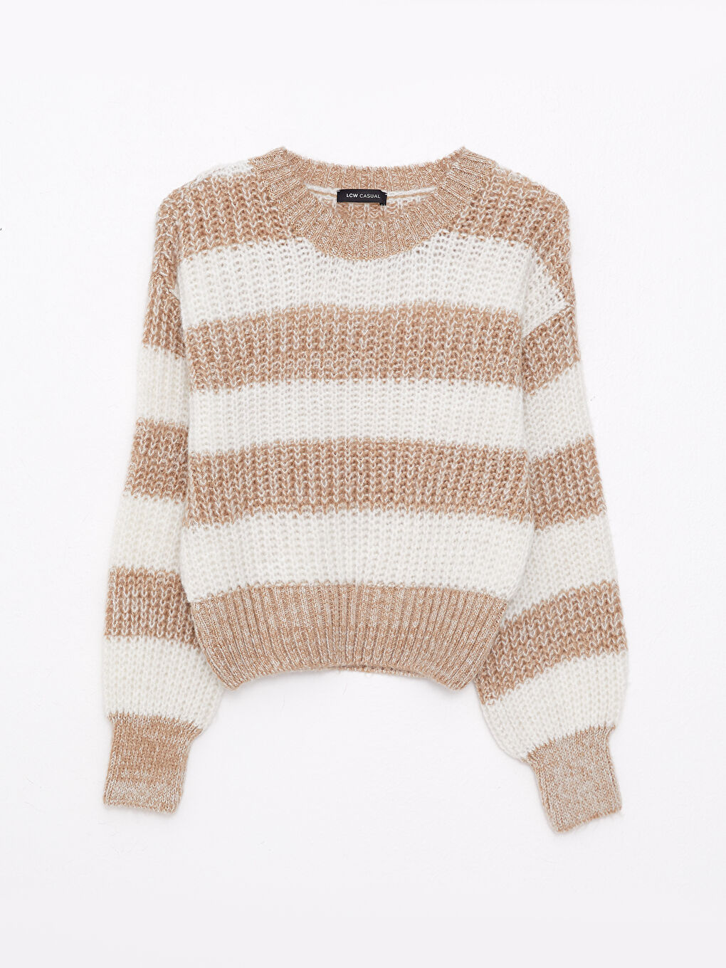 Bej Bisiklet Yaka Renk Bloklu Uzun Kollu Kadın Triko Kazak-5